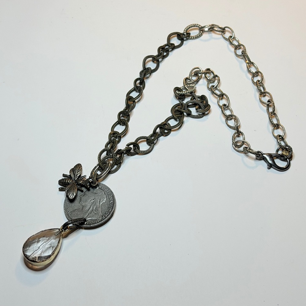 Lost‎ and Found L&F Bee Coin Crystal Teardrop Mixed Metal Chain Necklace Boho